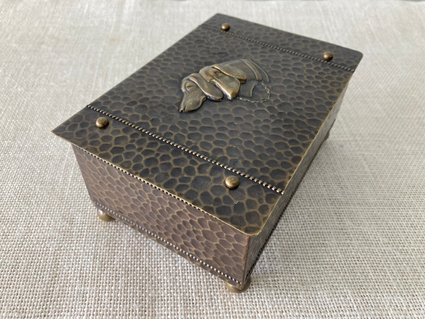 Art Nouveau Hammered Brass Dog Head Cigarette Box