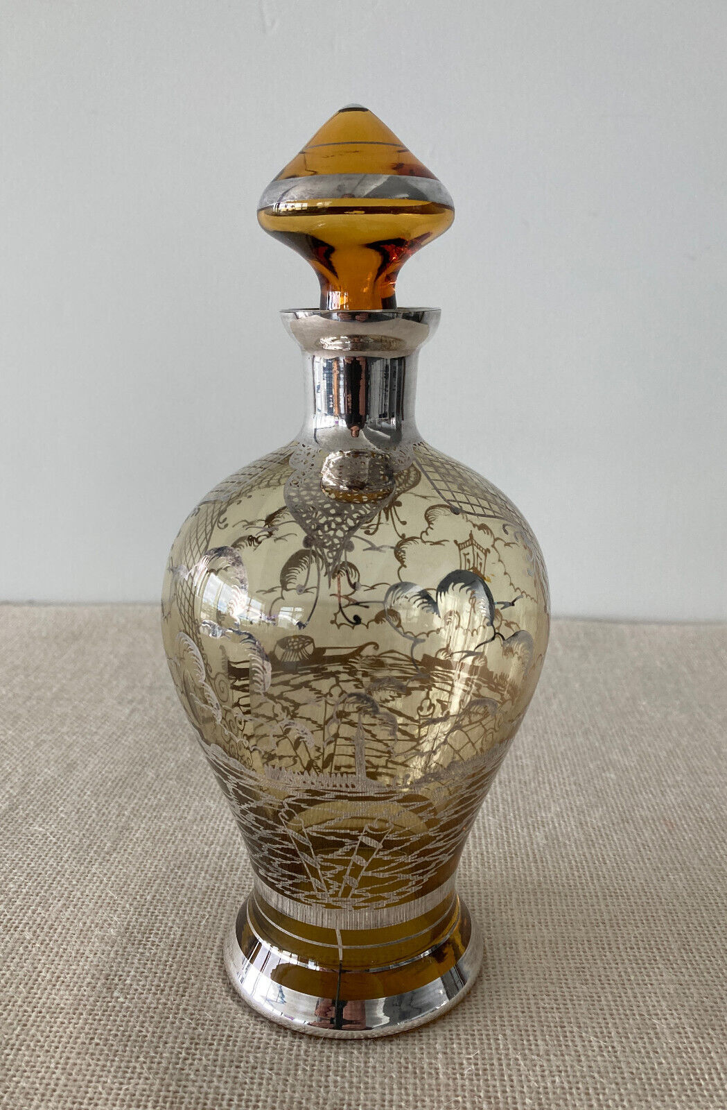 Venetian Amber Glass Decanter with Silver Overlay Venice Scenes Italy