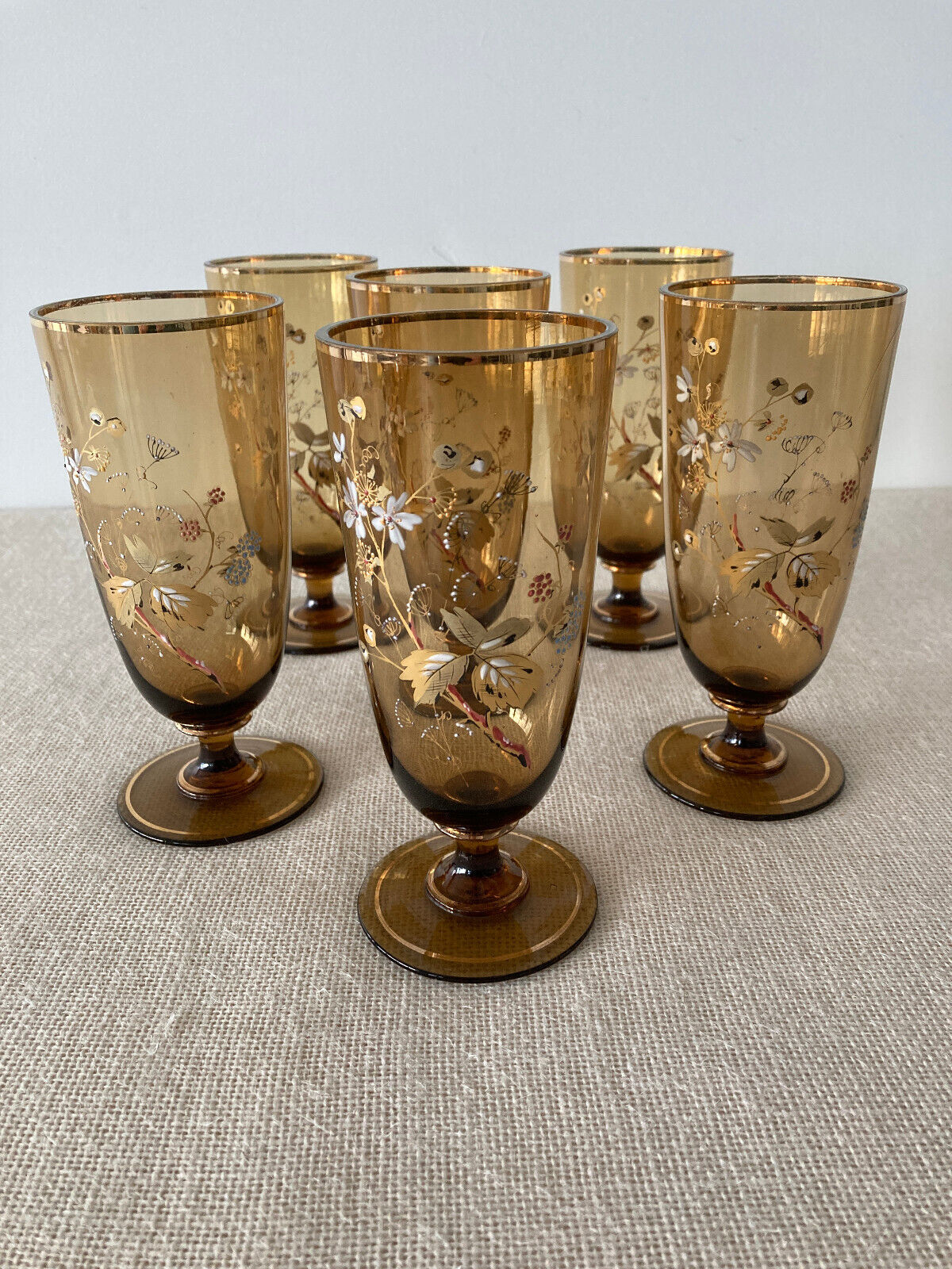 Antique Bohemian Gilt Hand Painted Enamel Amber Water Glass, set of 6