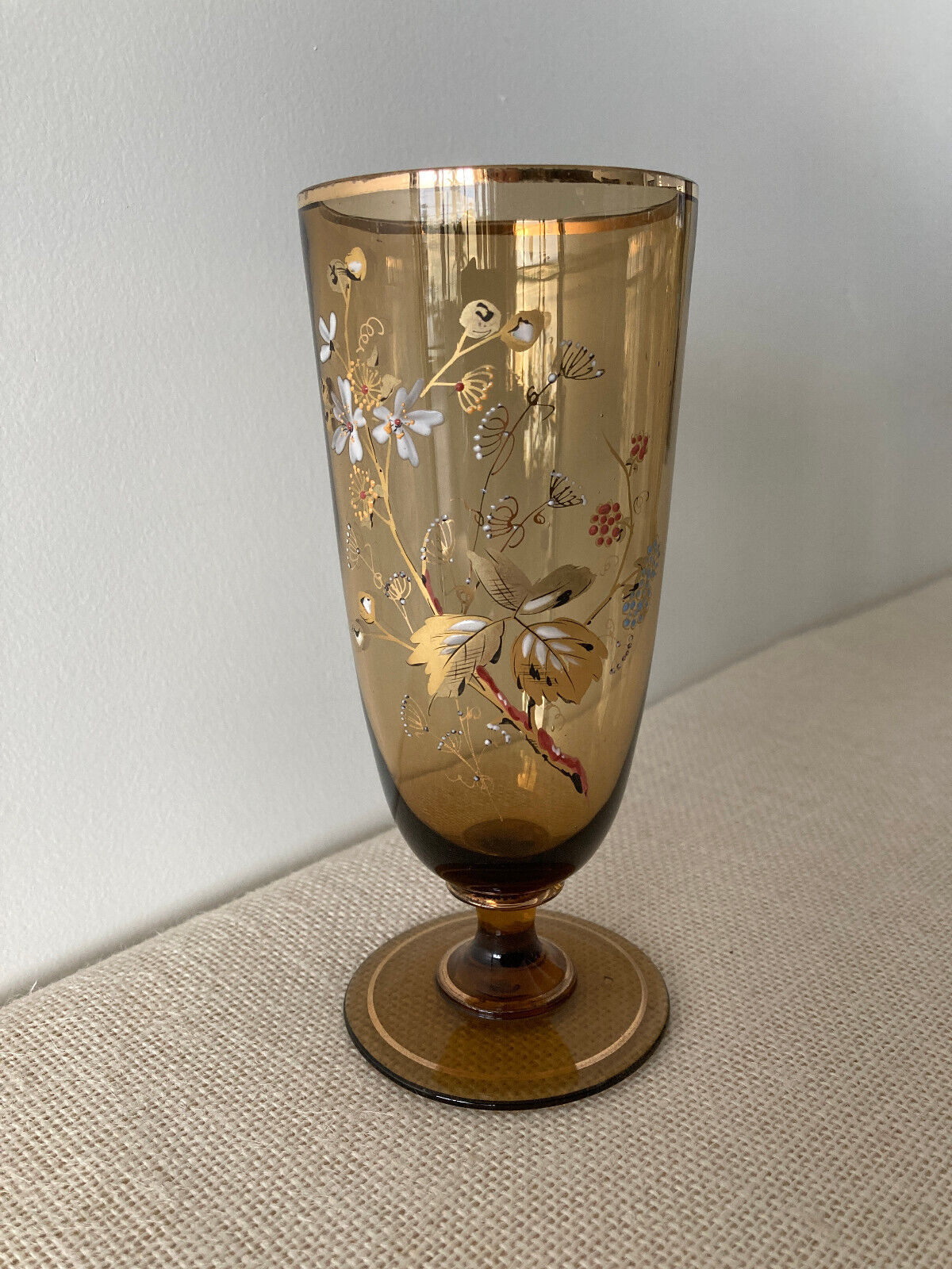 Antique Bohemian Gilt Hand Painted Enamel Amber Water Glass, set of 6