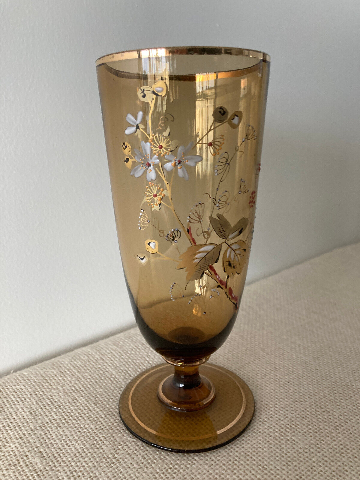 Antique Bohemian Gilt Hand Painted Enamel Amber Water Glass, set of 6