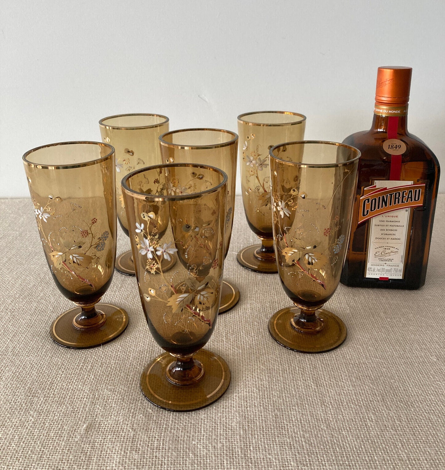 Antique Bohemian Gilt Hand Painted Enamel Amber Water Glass, set of 6