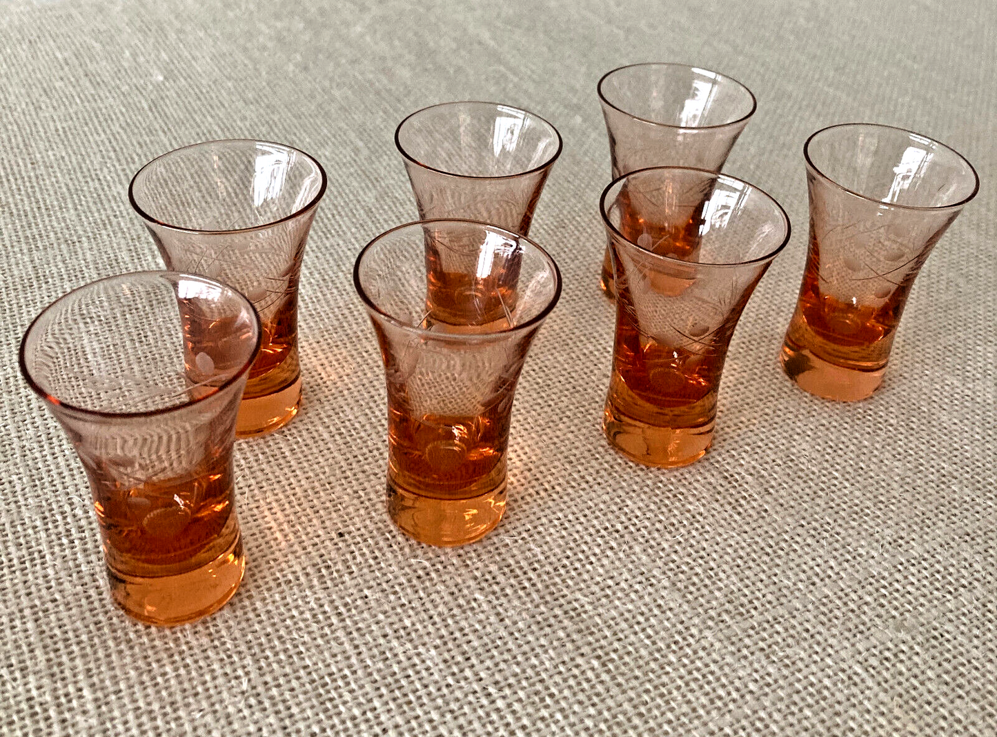 Art Deco Hand Blown Etched Apricot Color Shot or Cordial Glasses