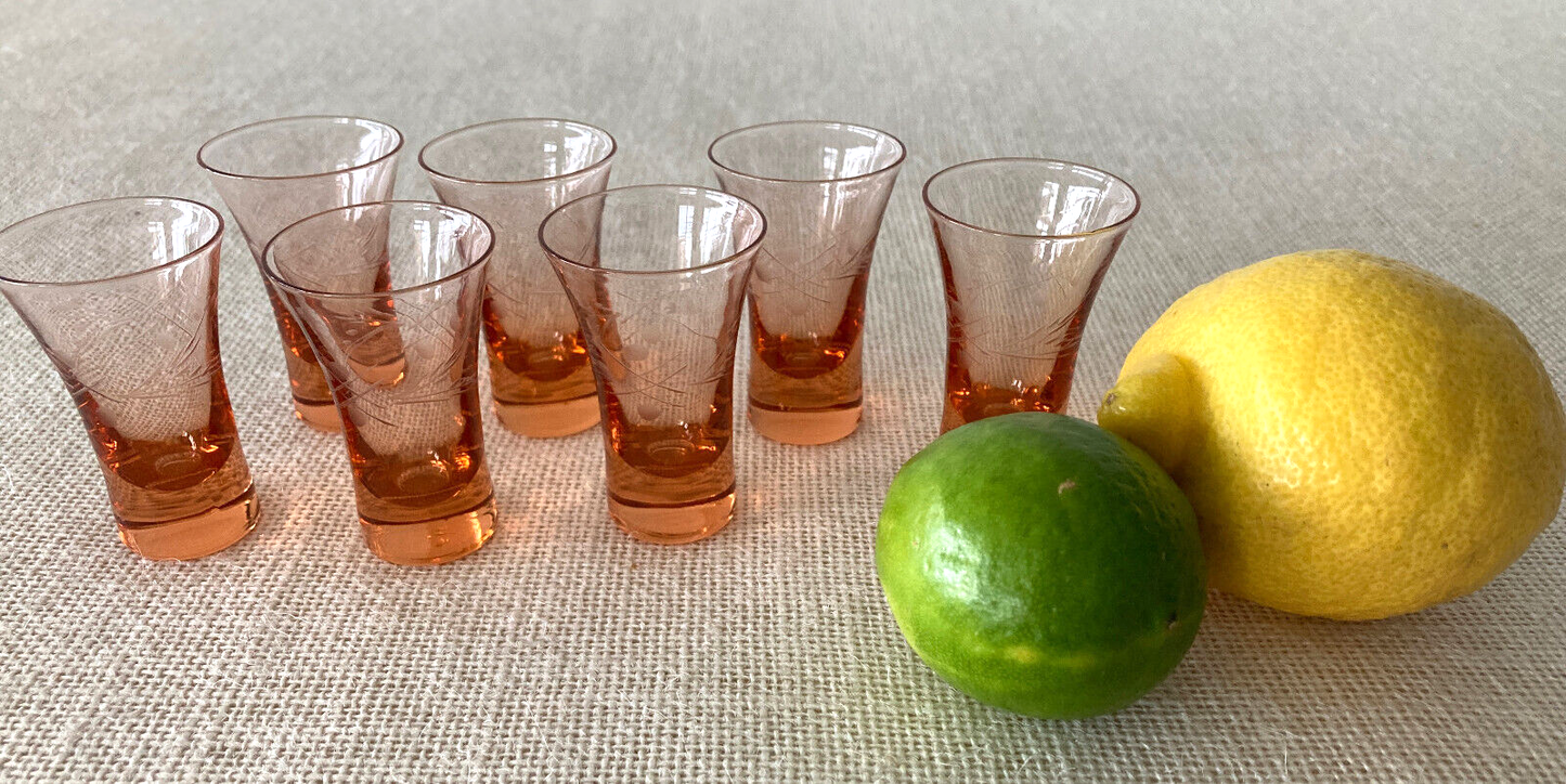 Art Deco Hand Blown Etched Apricot Color Shot or Cordial Glasses